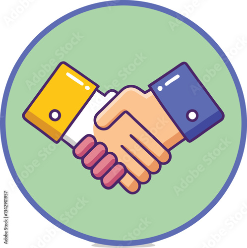 Vector handshake icon in circular design, A vector illustration of a handshake between two hands in different colors, set inside a circular green background.  
