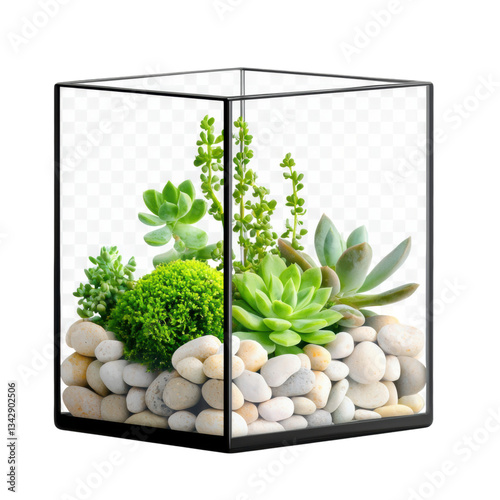 isolated transparent Background. cube shaped terrarium filled with vibrant succulents and smooth pebbles creates serene