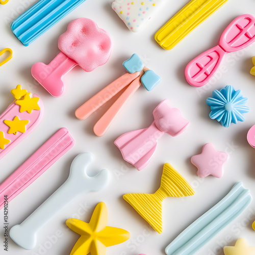 A close-up view of a collection of cute, colorful hair clips neatly arranged on a white background