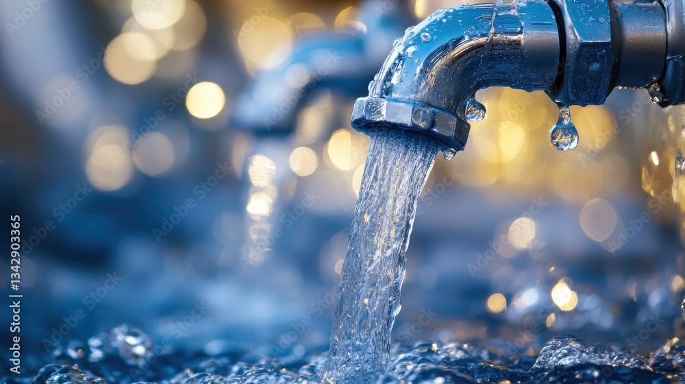 Shiny chrome faucet with clear water flowing, bokeh background. Ideal for hygiene, water conservation, or plumbing concepts.