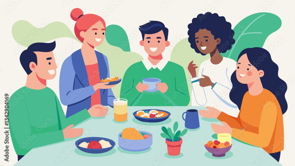 A group of coworkers gather for a mindful potluck savoring each dish and discussing how it makes them feel as they mindfully eat together.. Vector illustration