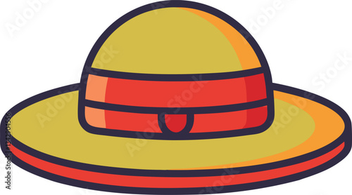 Vector yellow and red summer hat illustration, A vector illustration of a yellow summer hat with a red band, designed for sunny days and outdoor activities.  
