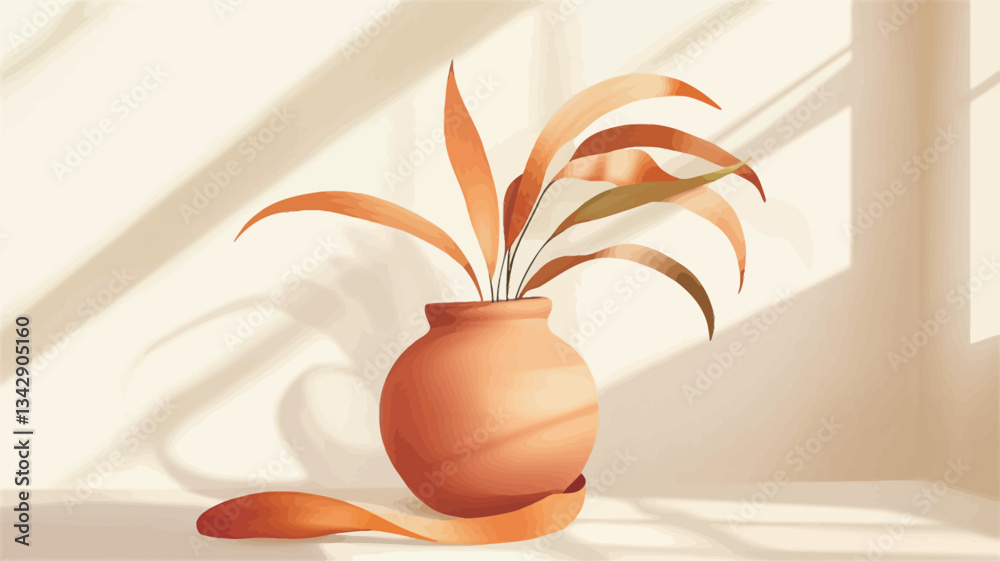 Fototapeta premium Digital illustration depicting a stylized terracotta-colored vase containing a plant with long, slender leaves. The vase sits on a light-colored surface, bathed in soft, warm sunlight streaming