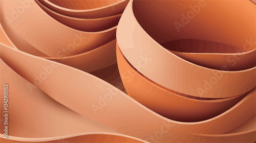 Close-up shot of an abstract composition featuring multiple terracotta-colored forms. The forms are smooth, curved, and layered, creating a sense of depth and movement.  The color palette is