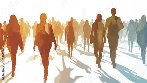 The image depicts a large group of stylized human silhouettes walking forward.  The figures are rendered in shades of orange and yellow, creating a warm and energetic feel. The silhouettes lack