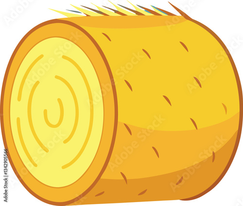 Vector hay bale with texture and details, A vector illustration of a textured hay bale with detailed lines and straw peeking out from the top, in bright yellow tones.  
