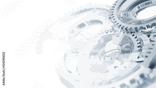 Close-up, abstract image of interlocking gears. The gears are rendered in shades of grey and white against a bright white background.  The focus is shallow, creating a blurred effect around the