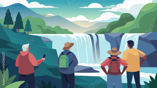A group of senior hikers gathered around a majestic waterfall their cameras capturing the tranquil misty scene as they pause to take in the natural wonder.. Vector illustration