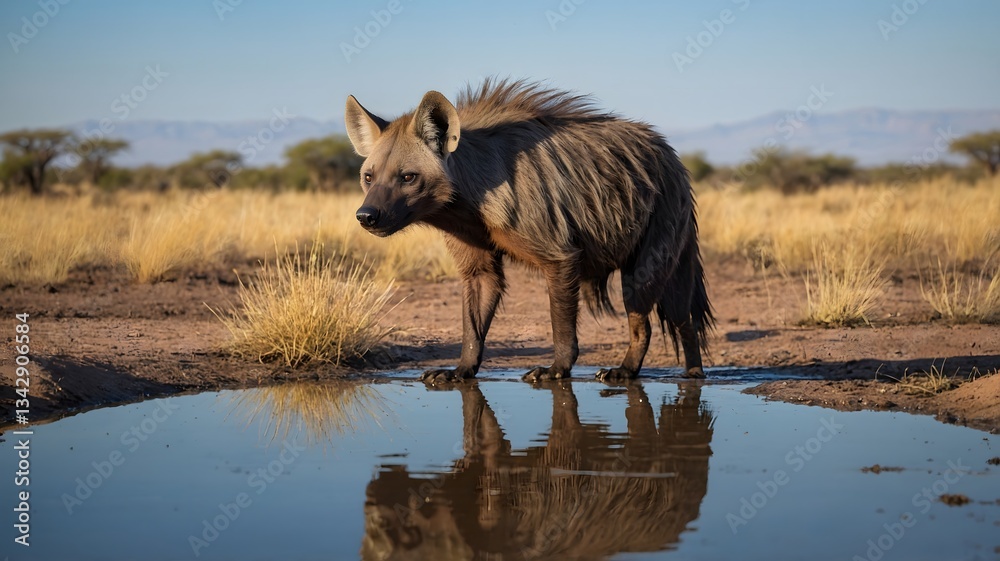 Brown Hyena by Watering Hole with Reflection Brown Hyena by Watering Hole with Reflection