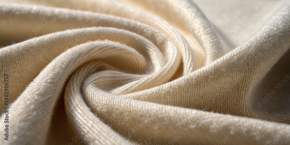 Close-up view of a soft, cream-colored fabric with fine texture and swirling pattern captured indoors in natural light