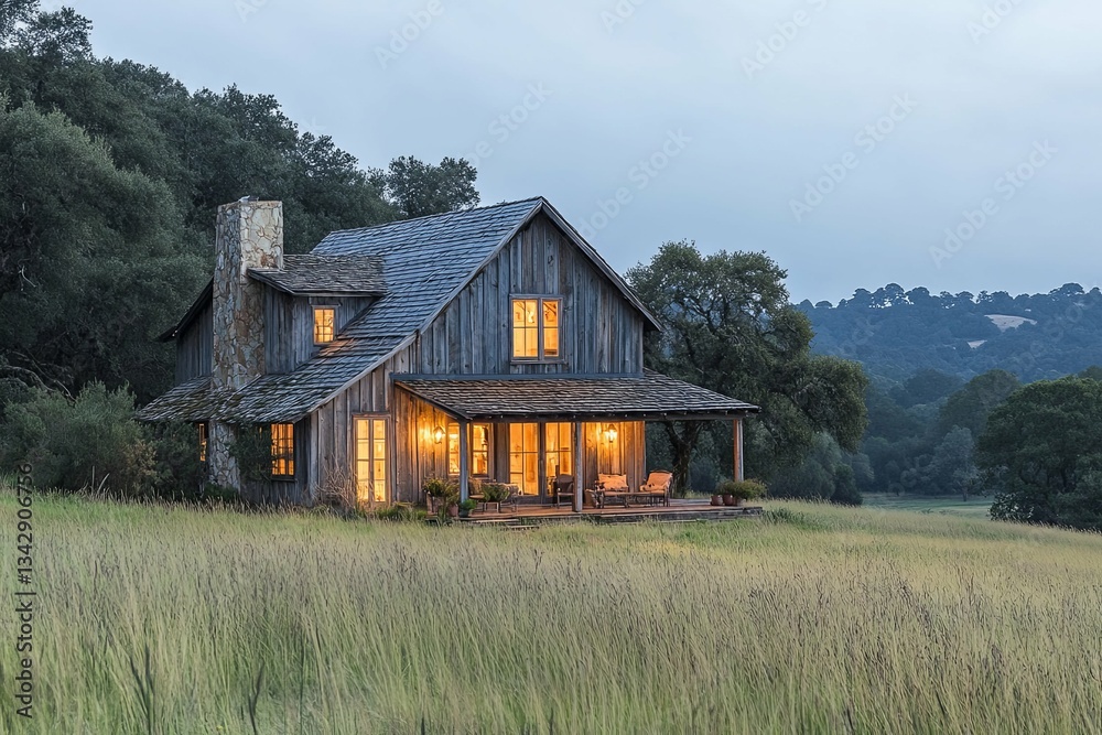 A cozy illuminated house sits surrounded by a grassy field at dusk A cozy illuminated house sits surrounded by a grassy field at dusk