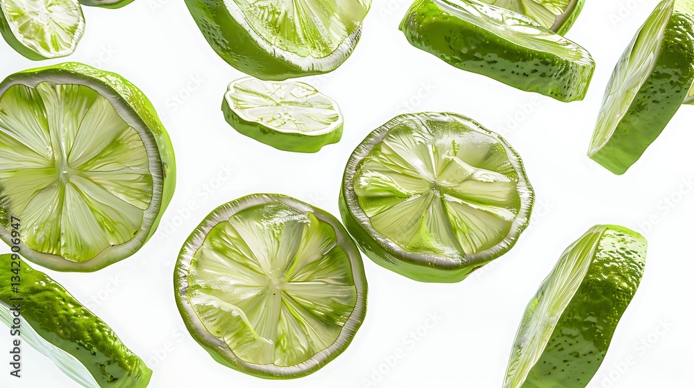 Floating slices of lime on a white background, a realistic photograph. 