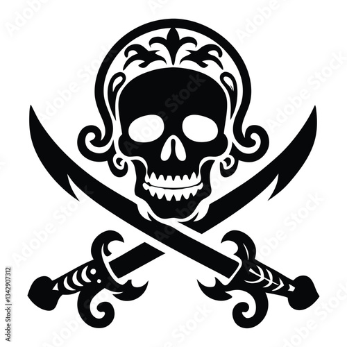Skull over crossed sabers. Jolly Roger, flag, pirate symbol. Black mark, corsairs. Caribbean Sea. Concept danger, freedom and contempt for death
