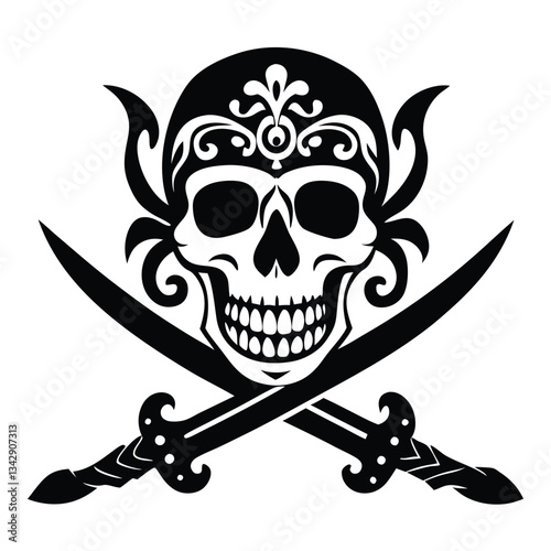 Skull over crossed sabers. Jolly Roger, flag, pirate symbol. Black mark, corsairs. Caribbean Sea. Concept danger, freedom and contempt for death
