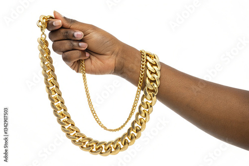 Hand holding gold chain isolated on white background. A hand showcasing a gold chain, isolated on white, perfect for fashion or jewelry-themed visuals.