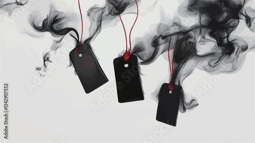 High-angle, close-up view of three black rectangular price tags suspended by thin red strings against a light gray background.  The tags are blank and appear to be made of a matte material. They