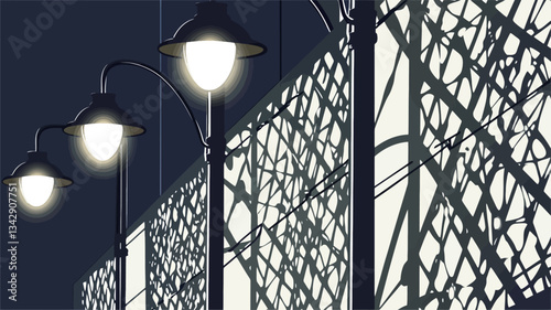 The image is a stylized vector illustration depicting a nighttime street scene.  The composition features a row of street lamps emitting warm light against a dark blue background.  Between the