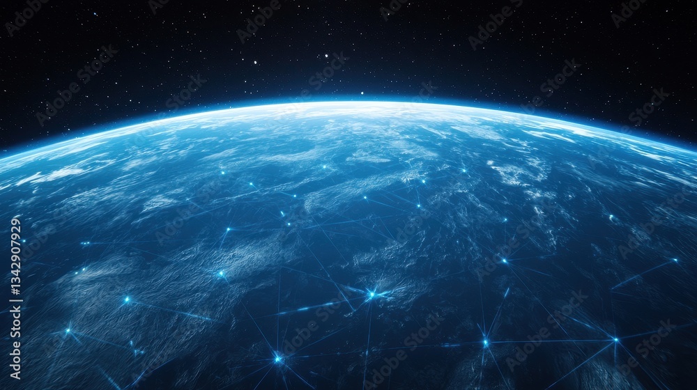 Obraz premium Earth View from Space with Network Connections and Bright Stars