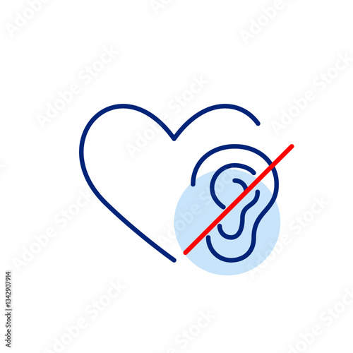 Heart and ear crossed out. Hearing impaired people support group or charity foundation. Inclusive work or society place. Pixel perfect, editable stroke vector icon