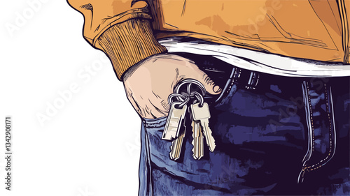 Close-up illustration of a person's hand in a pocket of blue jeans, with keys visible. The illustration style is somewhat loose, with visible brushstrokes or digital painting effects. The colors