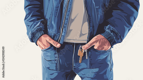 The image is a close-up shot of a person's torso. The individual is wearing a blue denim jacket and blue jeans.  Both garments show a textured denim fabric. Hands are visible in the pockets of the