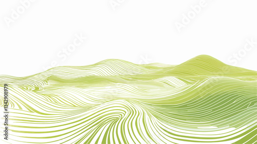 The image is a digital illustration depicting an abstract landscape.  The color palette is primarily various shades of light and medium green, fading to white. The landscape is represented by