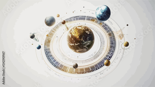 A digital rendering depicting a planetary system. The image shows a central planet, rendered in shades of gold and brown, orbited by a ring and several other planets of varying sizes and colors,