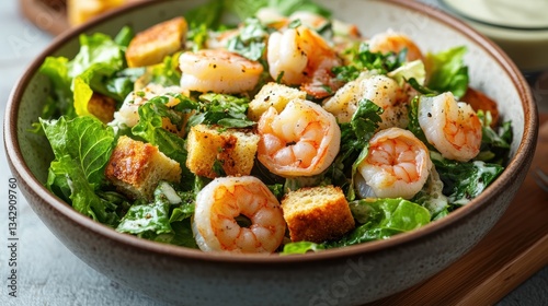 A symphony of flavors unfolds in a vibrant shrimp Caesar salad, where succulent shrimp dance amidst a creamy caesar dressing, adorned with crispy romaine lettuce and toasted croutons, a testament to