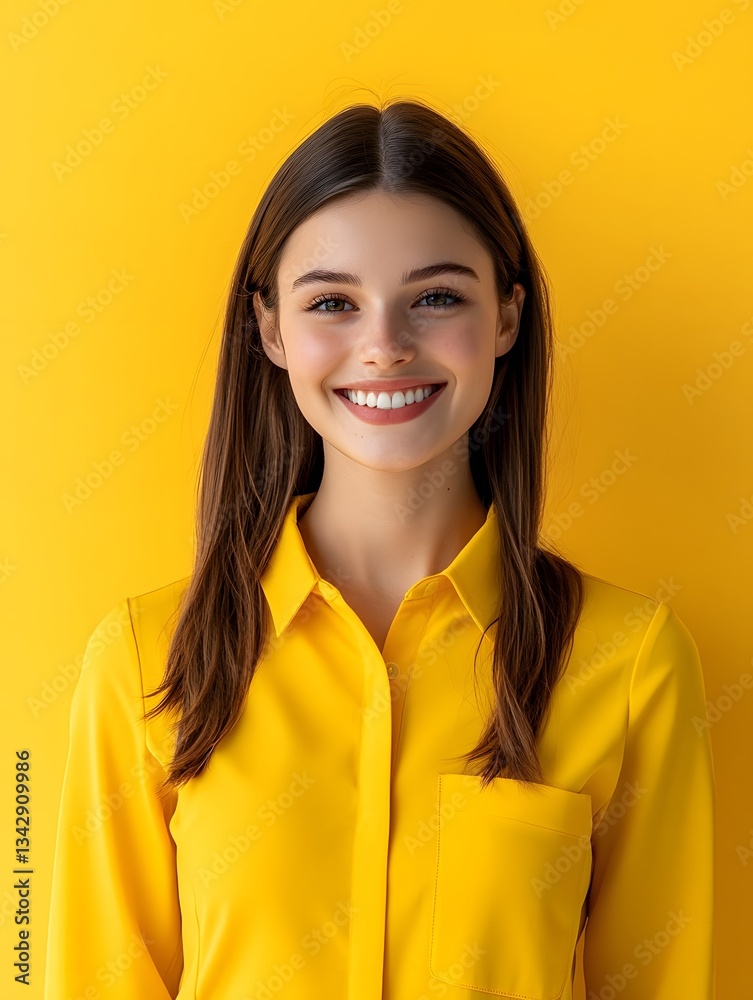 Fototapeta premium Cheerful young woman in yellow shirt smiling confidently