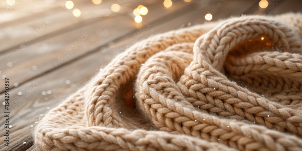 Cozy knitted blanket draped on wooden surface with soft lights illuminating the texture