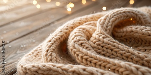 Obraz na płótnie Cozy knitted blanket draped on wooden surface with soft lights illuminating the texture w salonie
