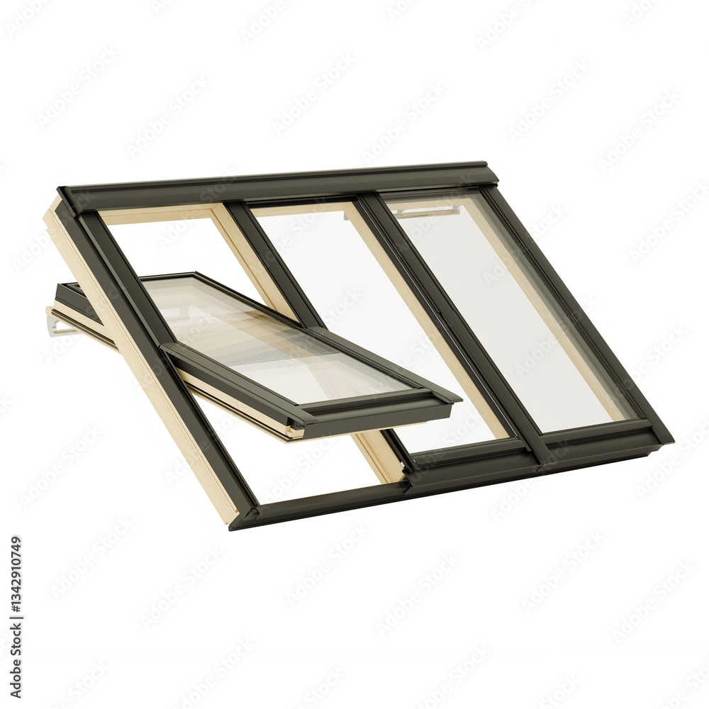 Modern Hinged Skylight Windows with Black Frames and Triple Glazing Details 3D Rendering