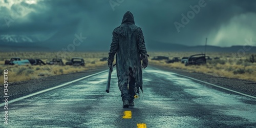 Post apocalyptic wanderer walking on deserted road with gun