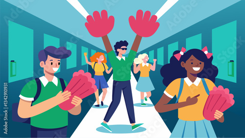 The hallways bustling with students wearing oversized foam fingers and school color tutus showing their enthusiasm for Spirit Day.. Vector illustration