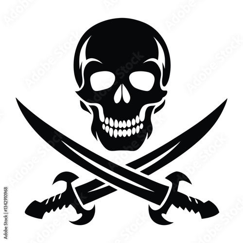Skull over crossed sabers. Jolly Roger, flag, pirate symbol. Black mark, corsairs. Caribbean Sea. Concept danger, freedom and contempt for death