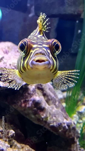 Colorful striped puffer fish swimming near rocks in a vibrant aquarium filled with aquatic plants