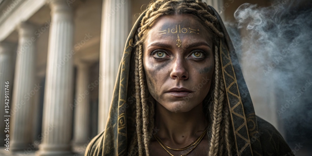 Captivating portrait of a woman with intricate braids and tribal markings in an ancient setting illuminated by smoke