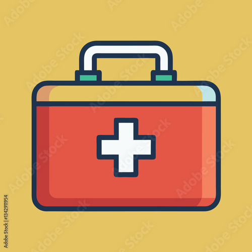 Red First Aid Kit Vector Illustration, A vector illustration of a red first aid kit with a white cross symbol on the front, designed with a simple and modern look.
