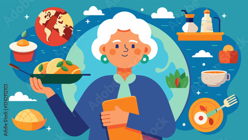A globetrotting grandma discovering different cultures and cuisines and sharing her experiences through her charming and heartwarming travel blog.. Vector illustration