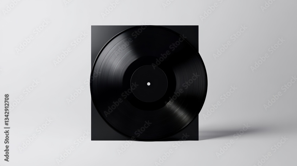 Obraz premium A vinyl record mock-up featuring a black vinyl disc partially inserted into its dark cover sleeve, with the record only partially visible, as it is slightly peeking out from behind the sleeve.