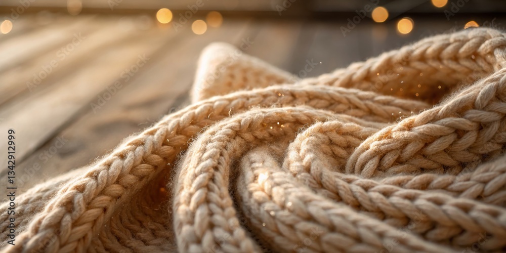 Cozy knitted blanket draped on a wooden surface with warm light and texture details