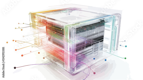 The image depicts a three-dimensional, transparent cube with an internal structure visible.  The cube is rendered in shades of white and grey, with internal components suggesting complexity.