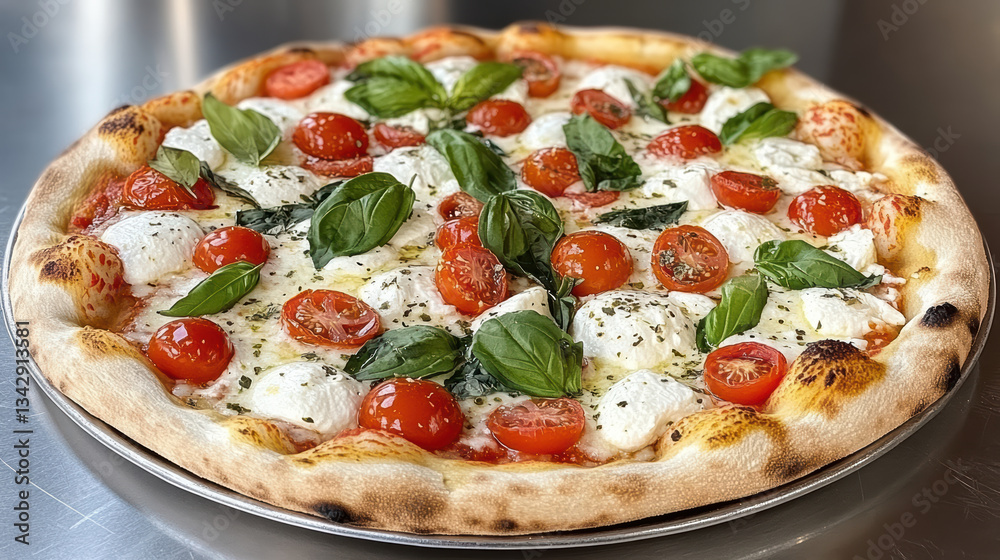 Delicious vegetarian pizza topped with fresh basil and cherry tomatoes Delicious vegetarian pizza topped with fresh basil and cherry tomatoes