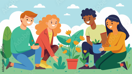 A group of friends laughing and chatting while planting flowers in a neglected public garden combining their love for nature and desire to improve the mental wellbeing of their. Vector illustration