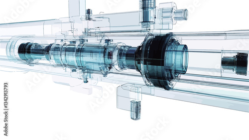 The image presents a detailed, three-dimensional rendering of an industrial machinery component. The image is predominantly composed of shades of blue and transparent gray, suggesting a cutaway or