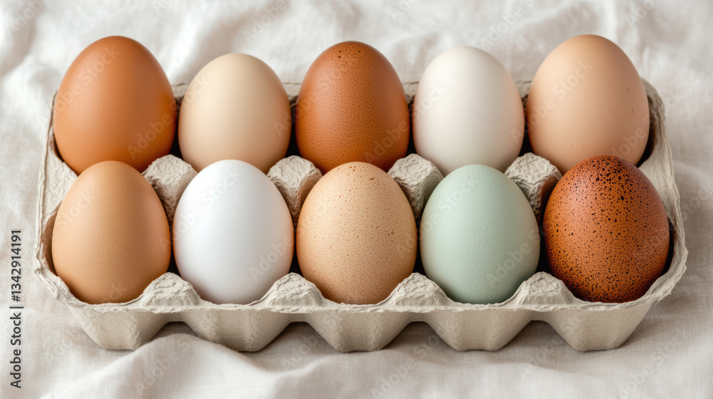 Fresh multi colored farm eggs arranged in carton, showcasing various shades Fresh multi colored farm eggs arranged in carton, showcasing various shades