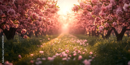 Blossoming cherry trees creating a magical path at sunrise in an orchard