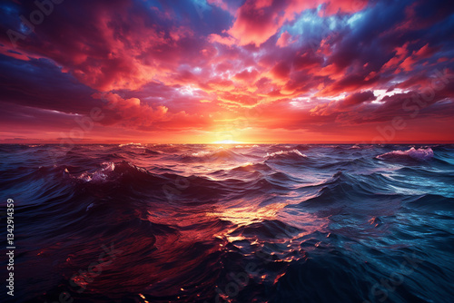 magnificence of a sunrise on horizon, with its ethereal hues, boundless oceanic expanse, and profound intermingling of earth and sky