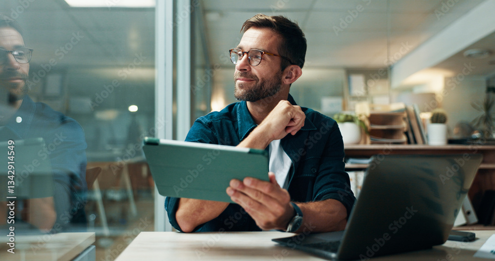 Tablet, thinking and smile with business man in office for planning, ui designer and app review. Developer solutions, reflection and research with person in agency for project idea and startup