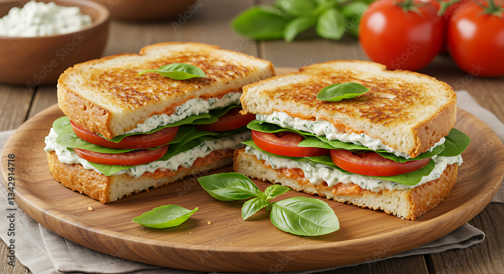 Delicious Grilled Tomato and Spinach Sandwich with Creamy Herb Spread on Toasted Bread Delicious Grilled Tomato and Spinach Sandwich with Creamy Herb Spread on Toasted Bread